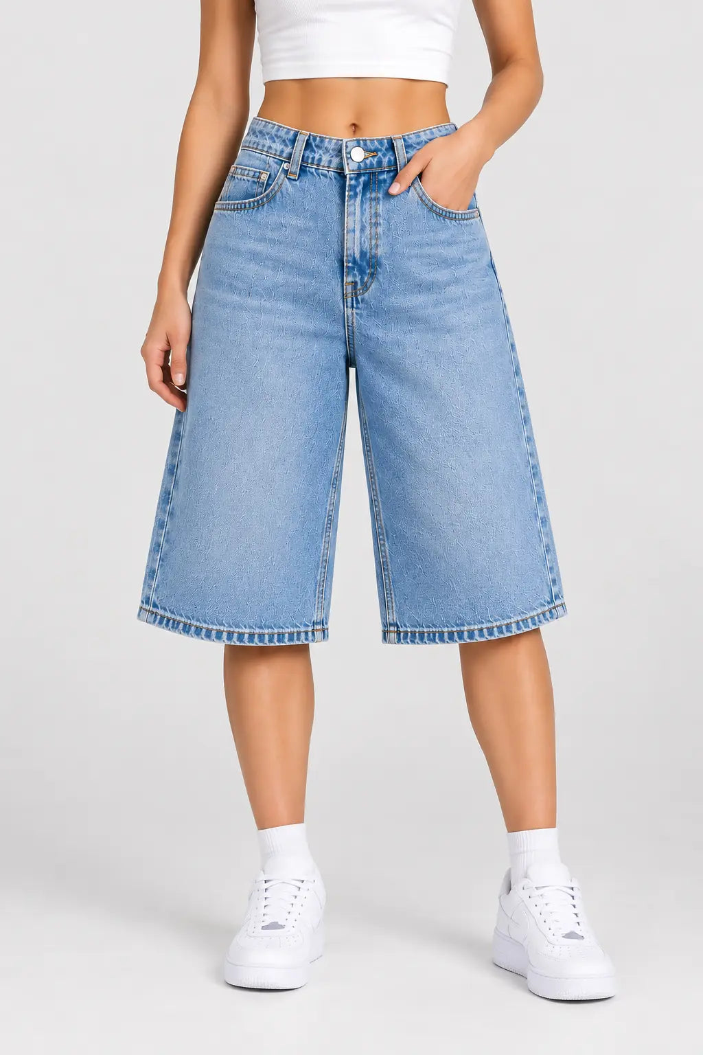 Denim Jorts – High-Waisted Long Bermuda Jeans