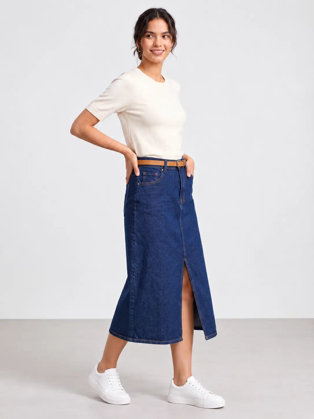 Classic Dark Wash Denim Midi Skirt