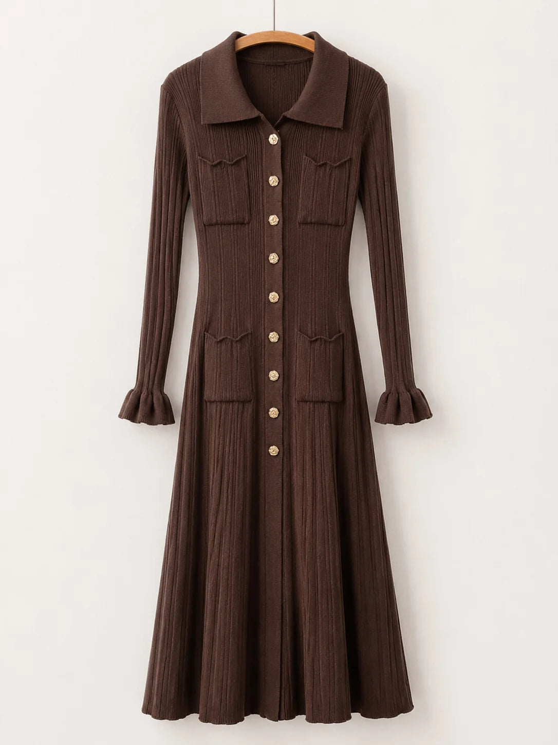 Brown Ribbed Knit Shirt Dress