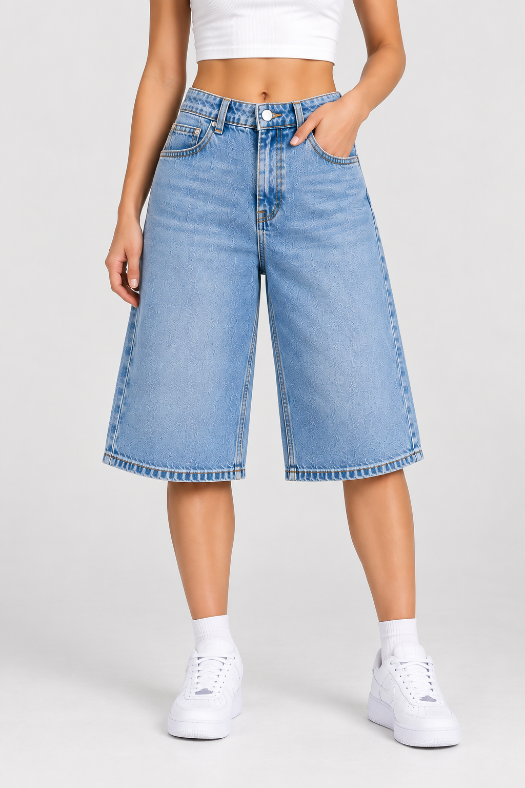 Denim Jorts – High-Waisted Long Bermuda Jeans