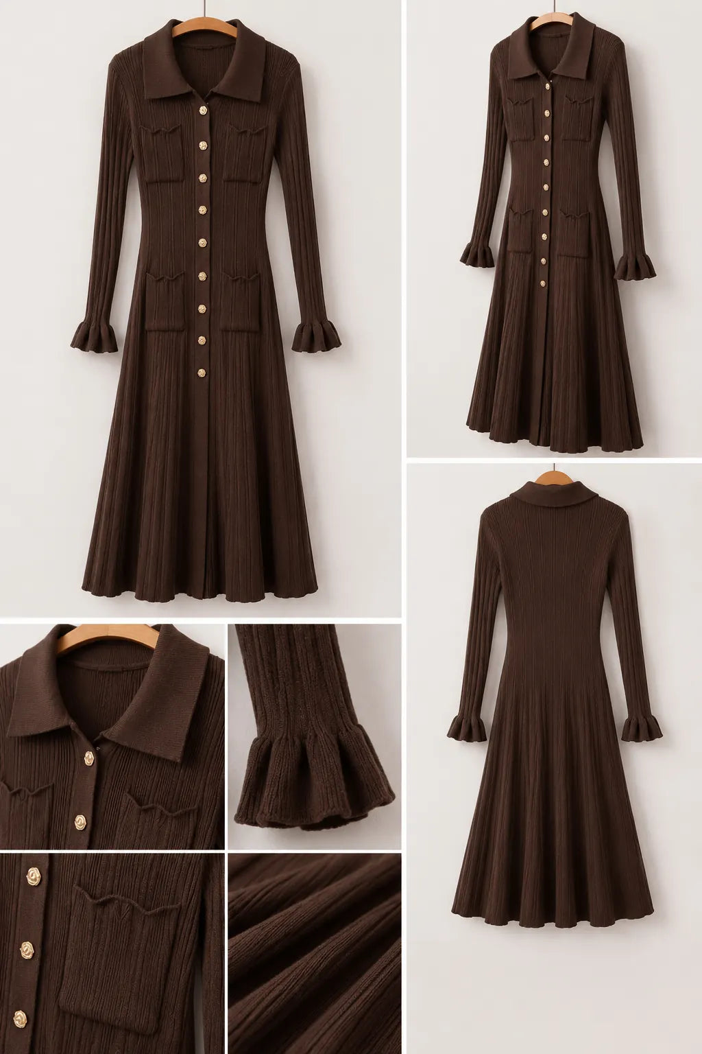 Brown Ribbed Knit Shirt Dress