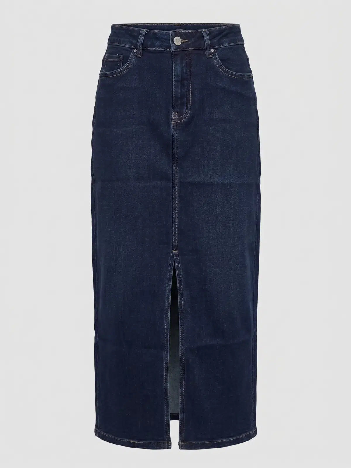 Classic Dark Wash Denim Midi Skirt
