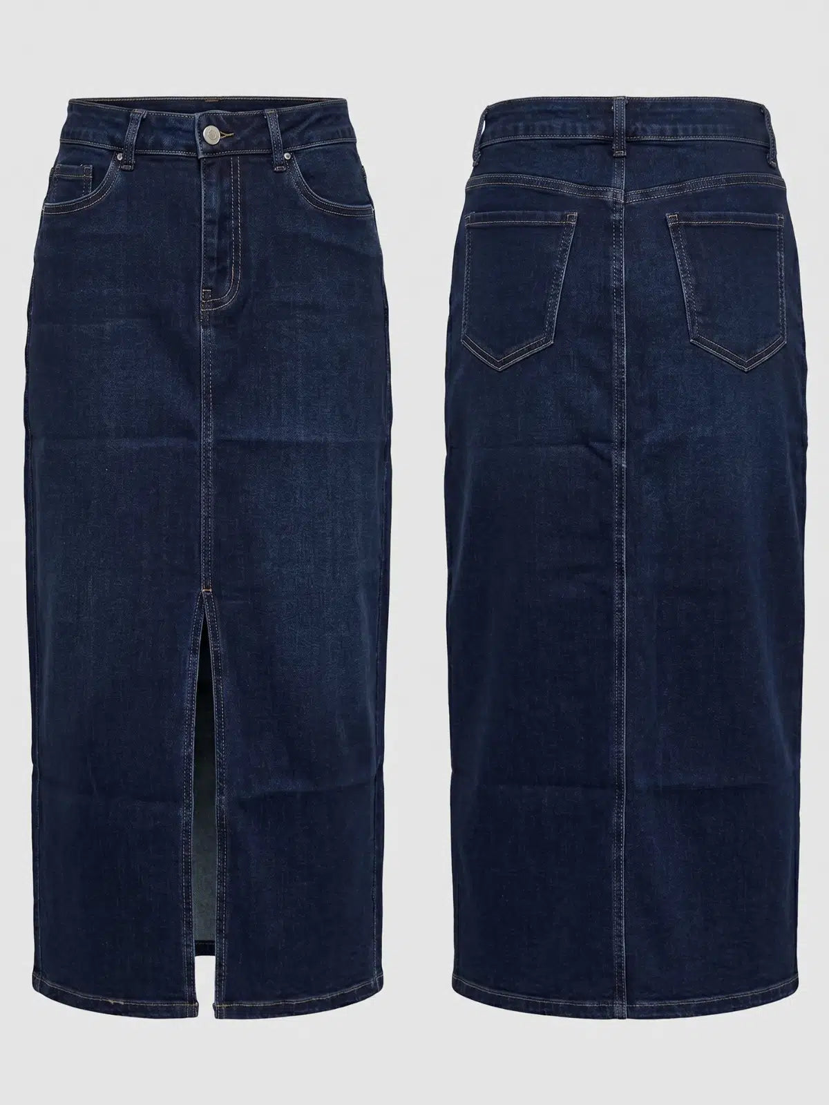 Classic Dark Wash Denim Midi Skirt
