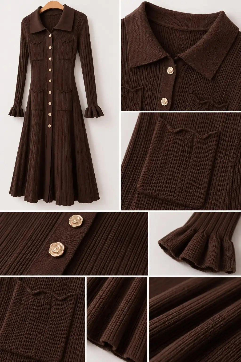 Brown Ribbed Knit Shirt Dress
