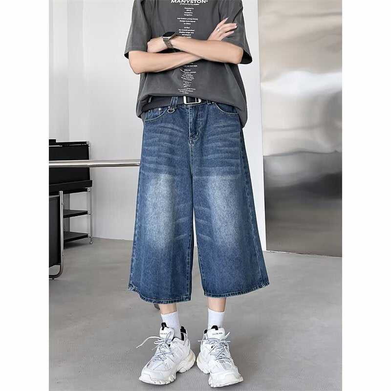 Washed wide leg seven quarter jeans for men