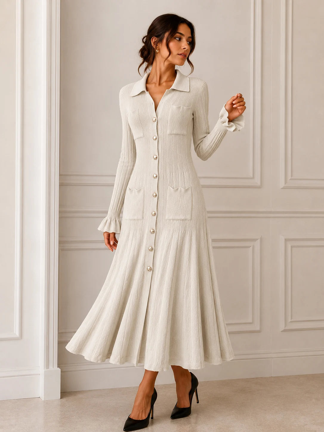Beige Ribbed Knit Shirt Dress