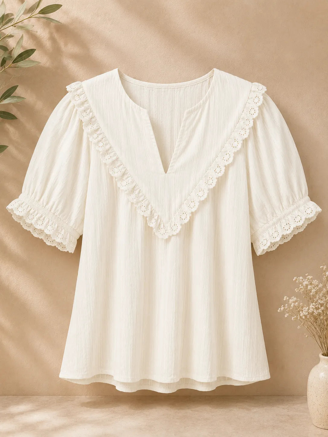 Blouse bohème à bordure en dentelle blanc