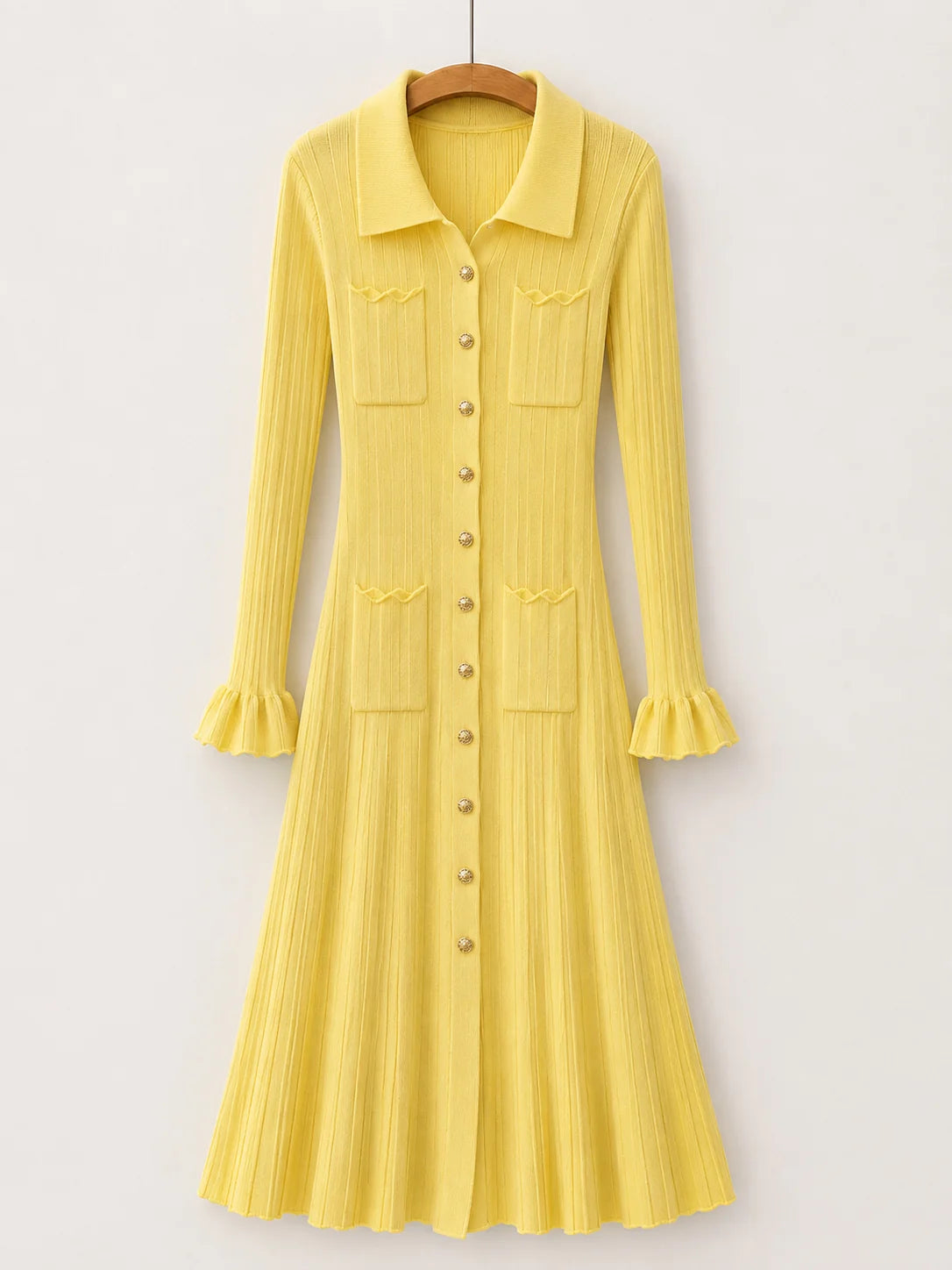 Yellow Ribbed Knit Shirt Dress