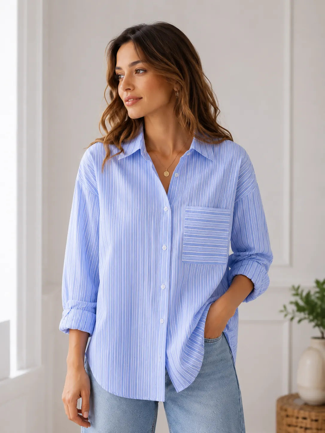 Blue Oversized Striped Shirt