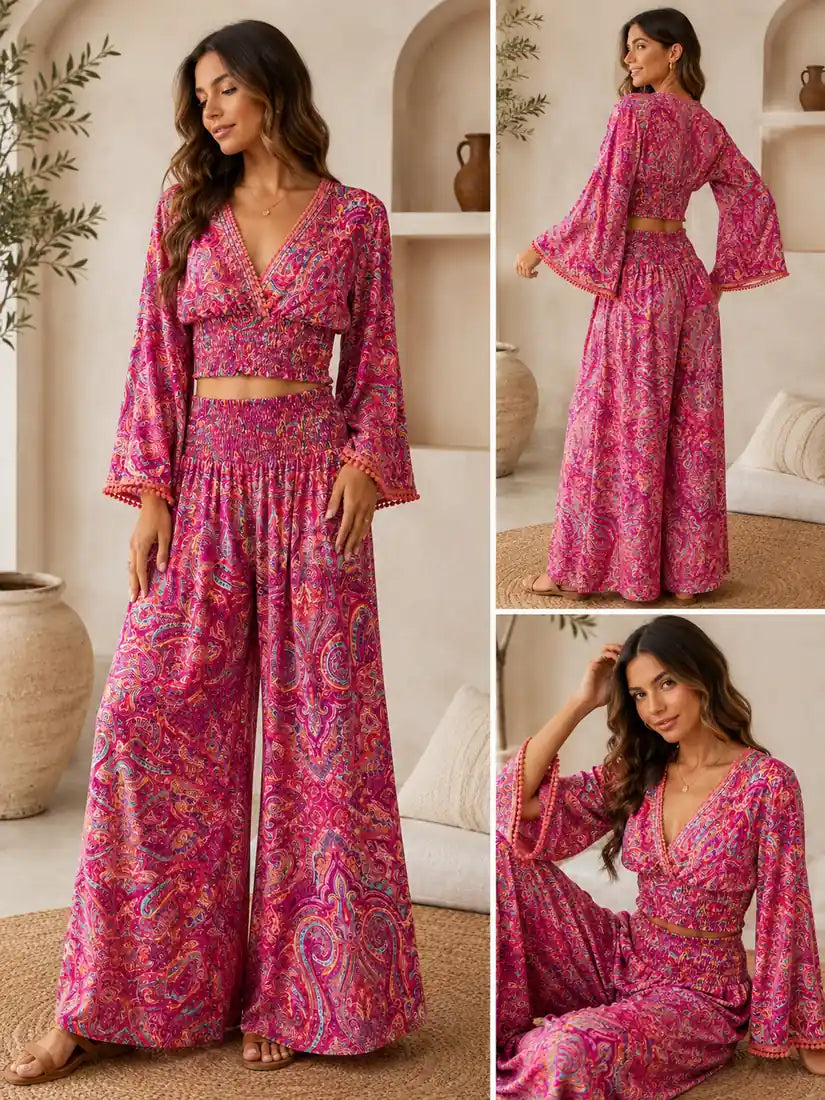 Bohemian Paisley Print Two Piece Set Pink