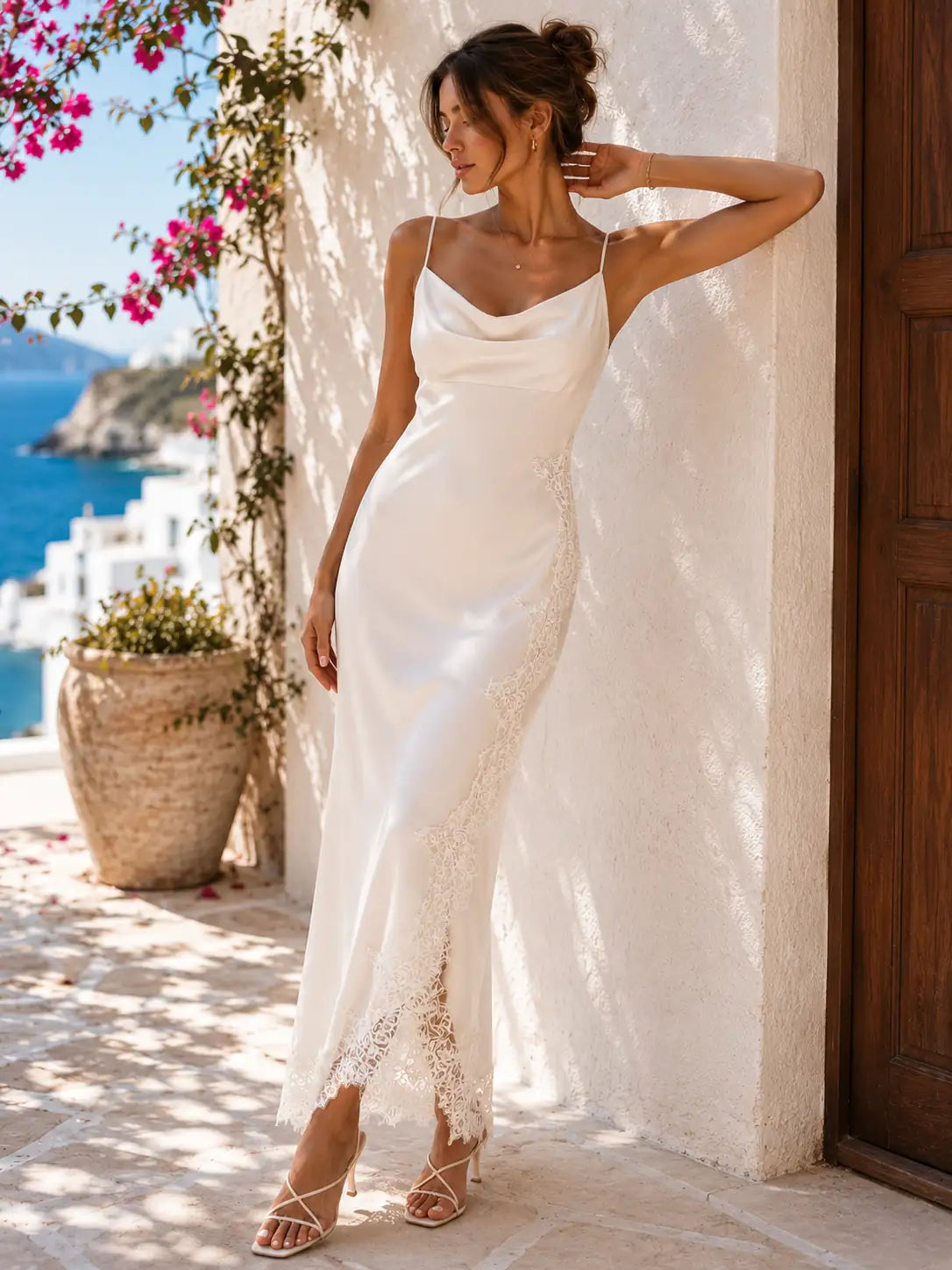 Ivory Satin Lace Slip Midi Dress