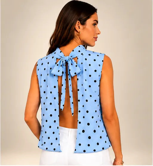 Blaue gepunktete ärmellose Bluse, Einheitsgröße