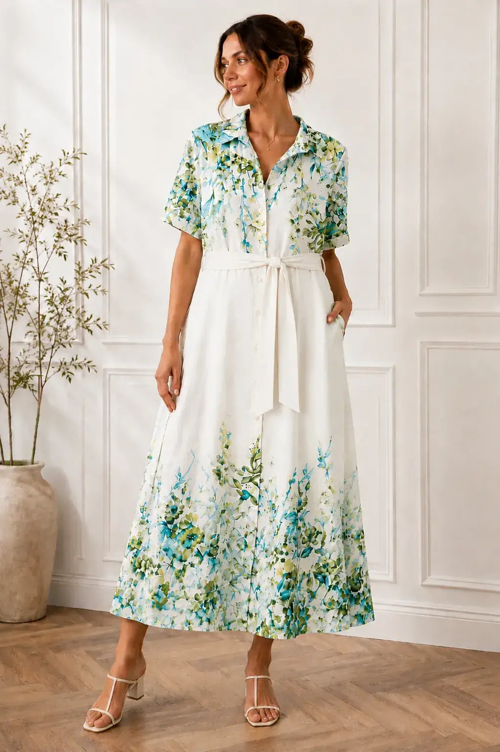 Women's Floral Button-Down Midi Shirt Dress – White & Green