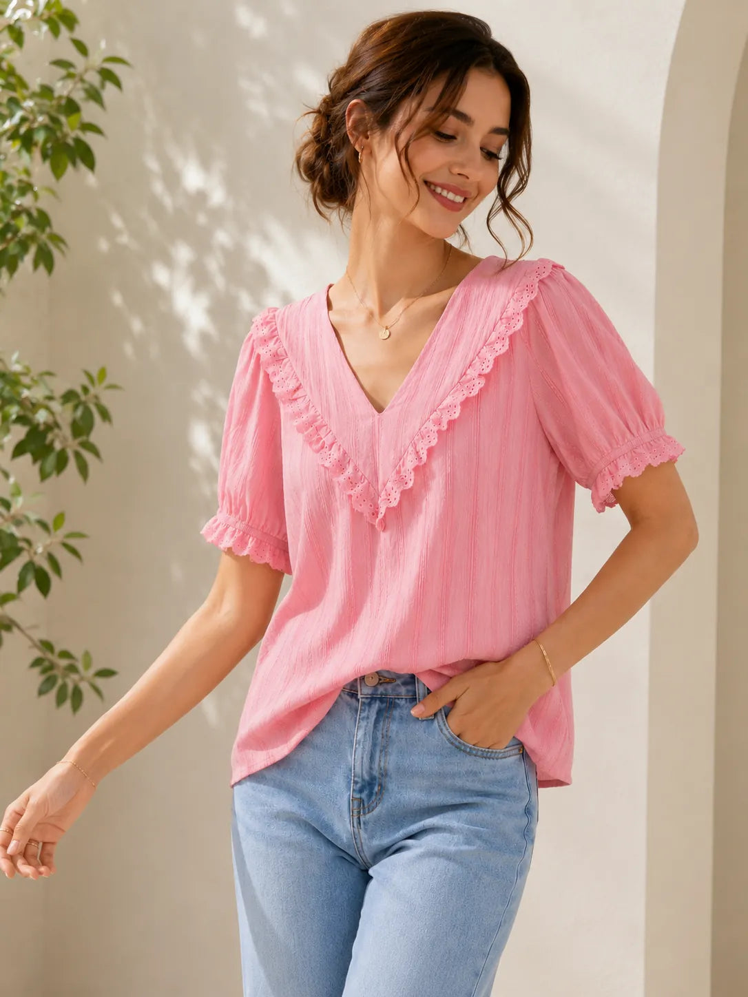 Women's Boho Lace Trim Blouse – Pink