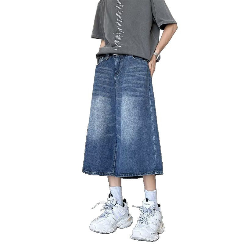 Washed wide leg seven quarter jeans for men