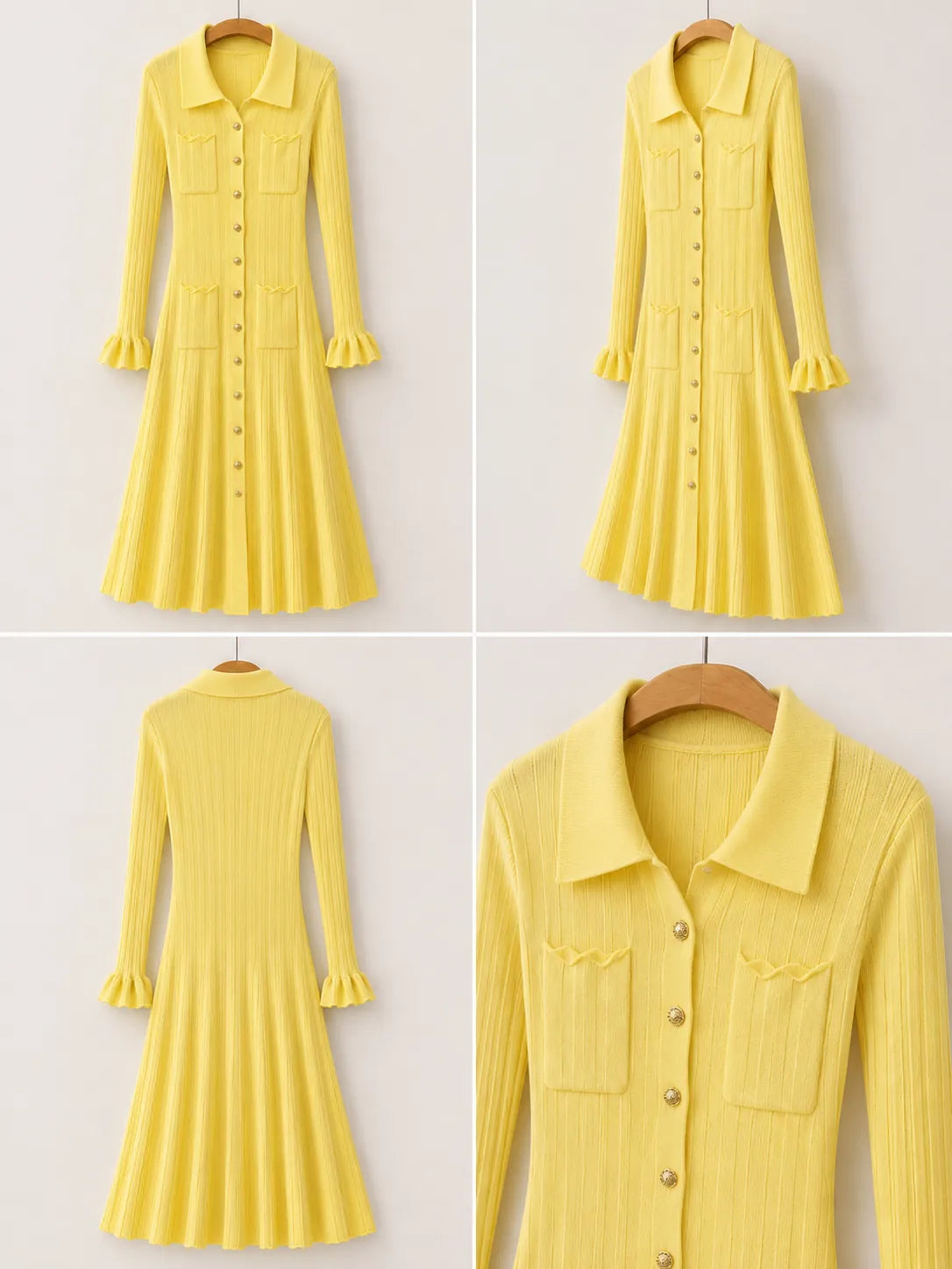 Yellow Ribbed Knit Shirt Dress