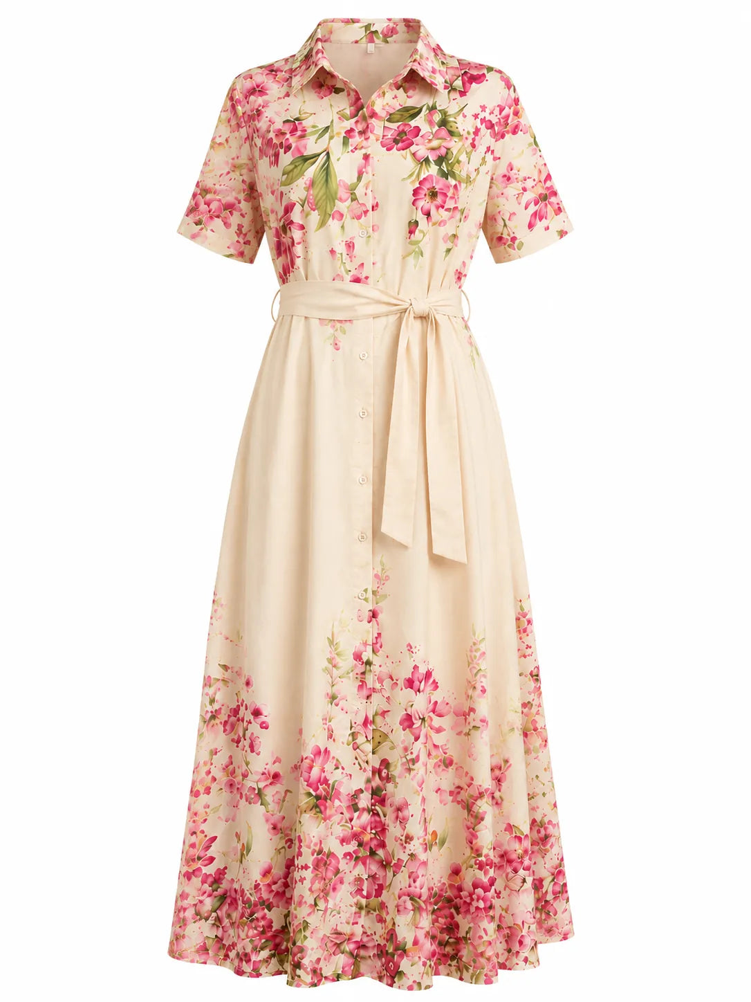Damen Midikleid mit Blumenmuster und Knopfleiste – Elfenbein & Pink