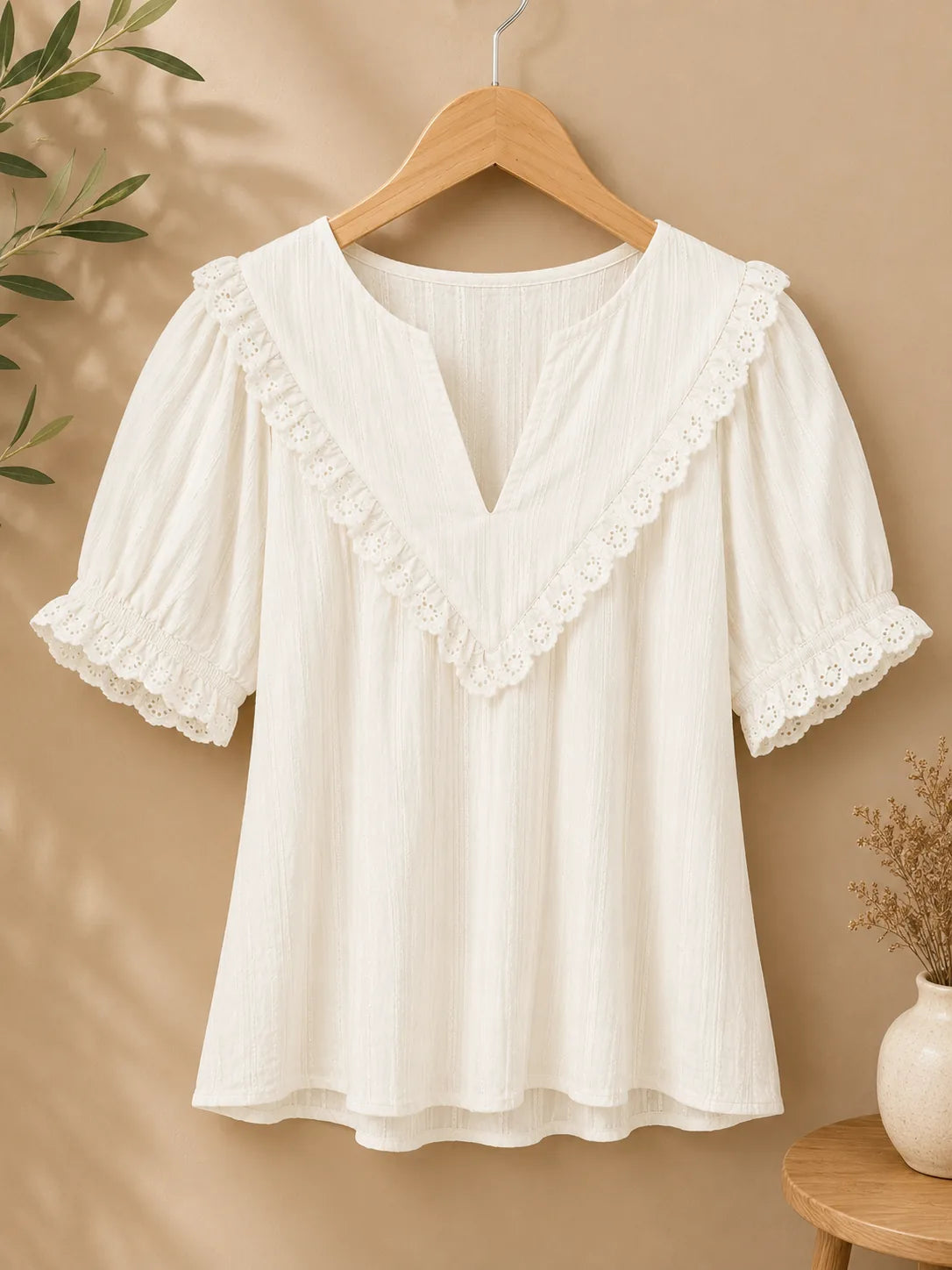 Blouse bohème à bordure en dentelle blanc