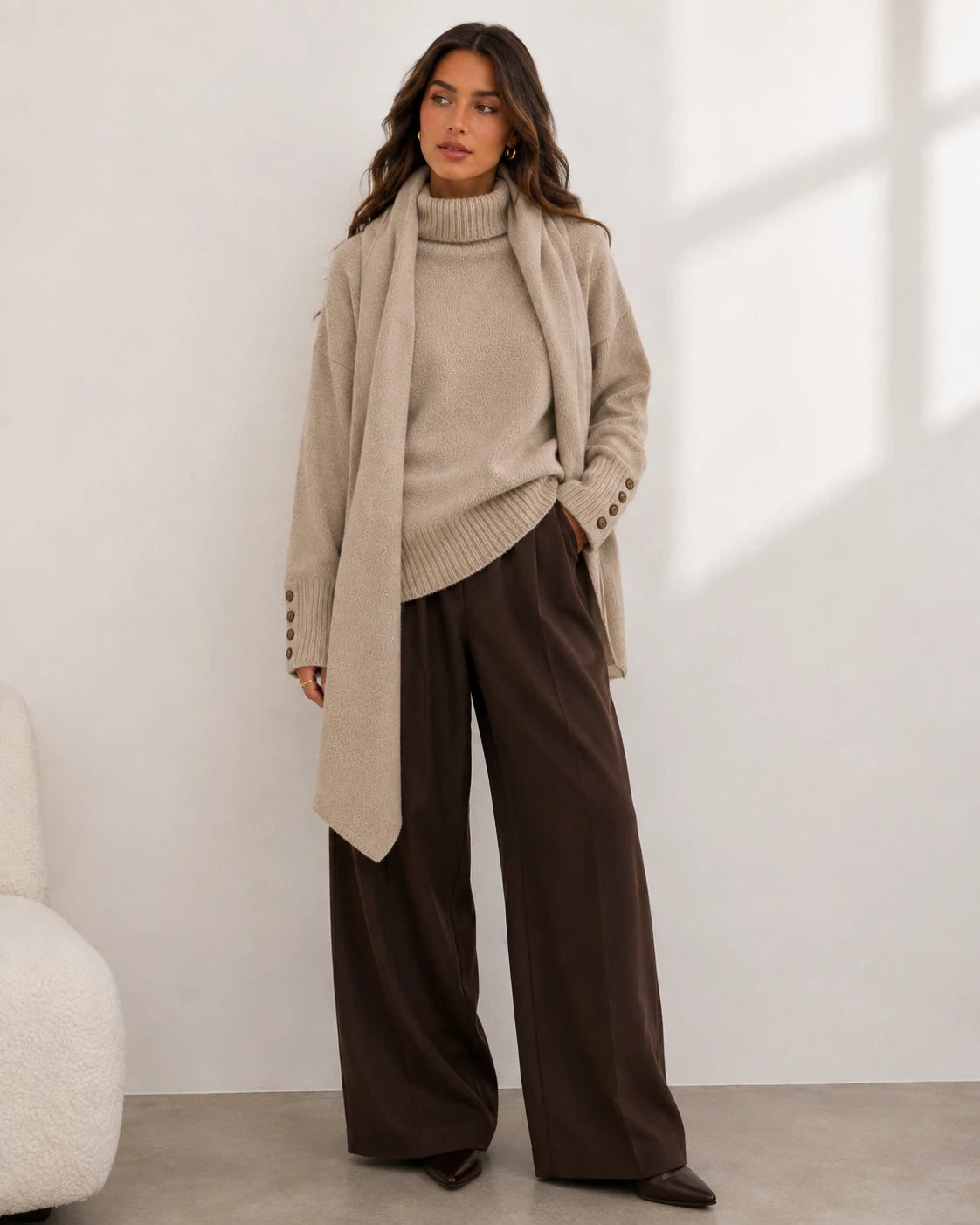 Beige Knit Sweater with Matching Scarf