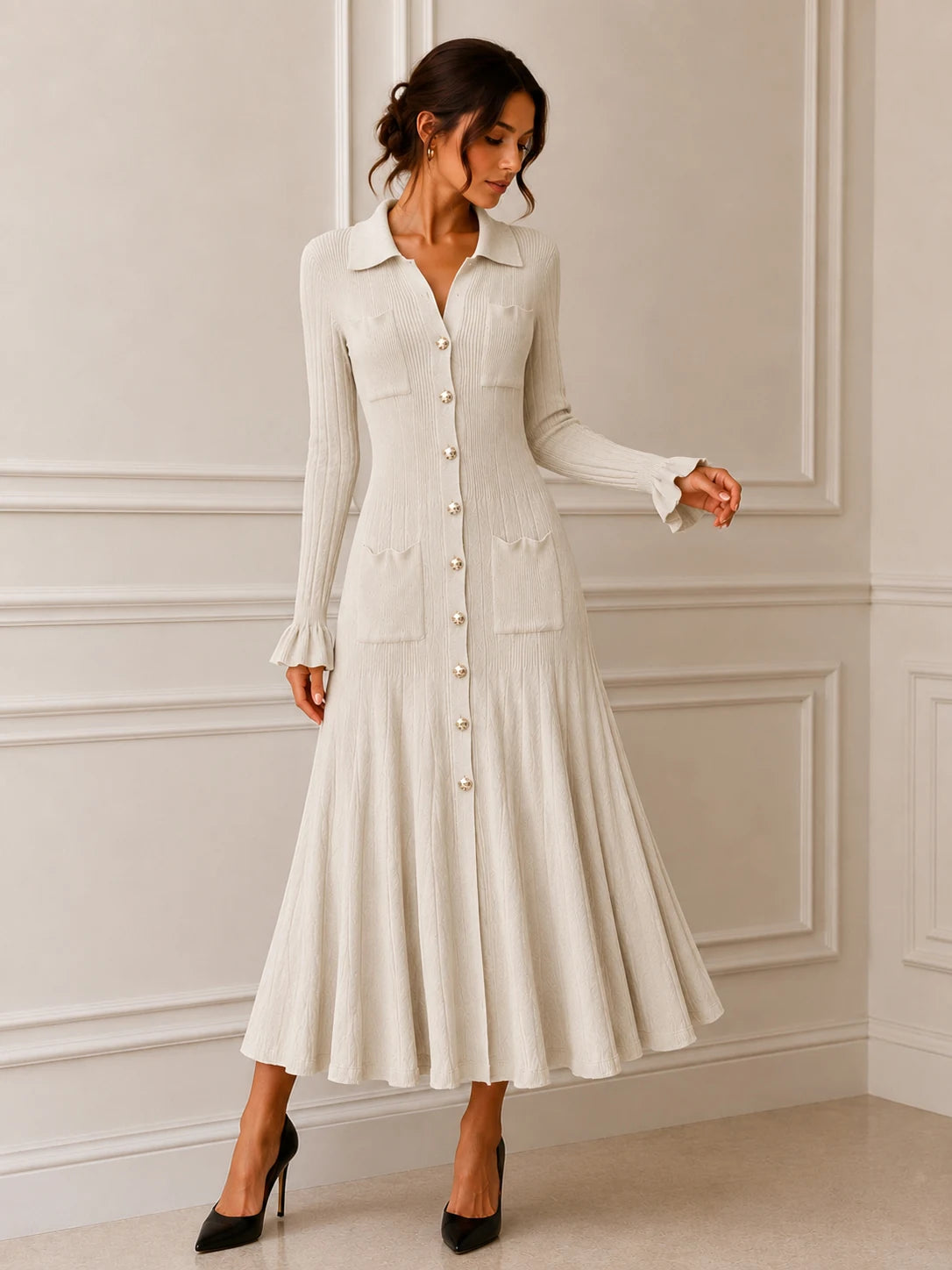 Robe chemise en maille côtelée