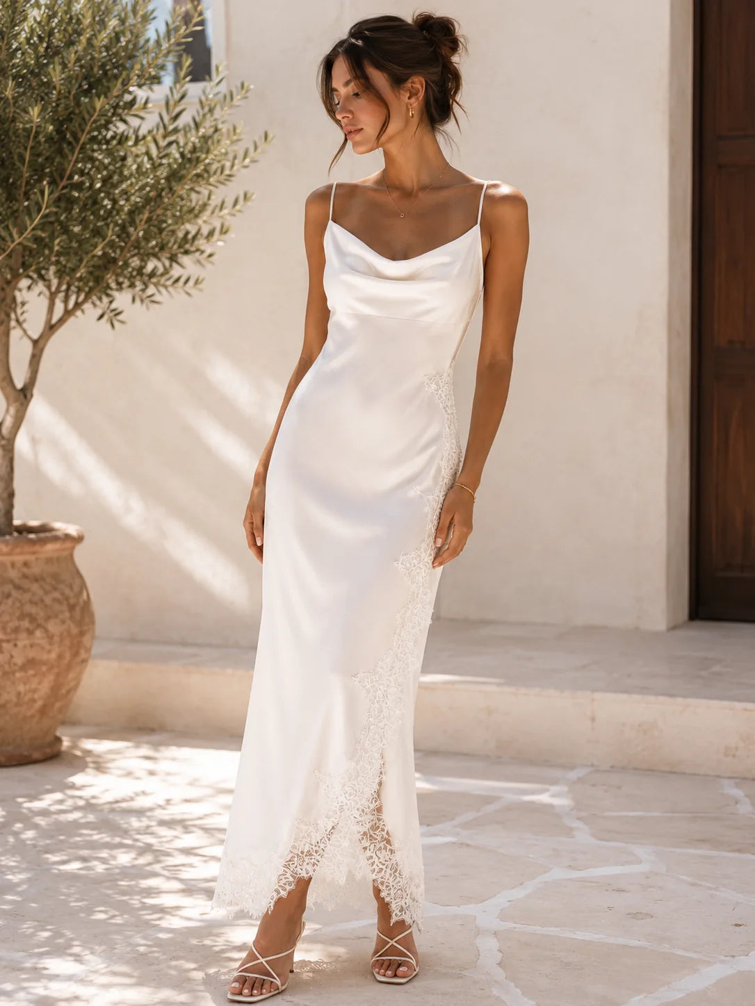Ivory Satin Lace Slip Midi Dress