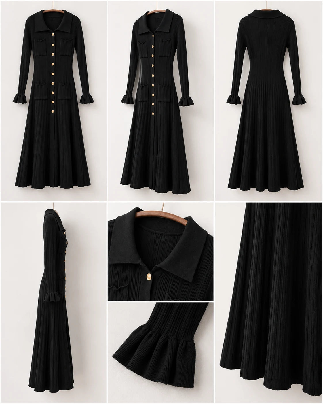 Black Ribbed Knit Shirt Dress