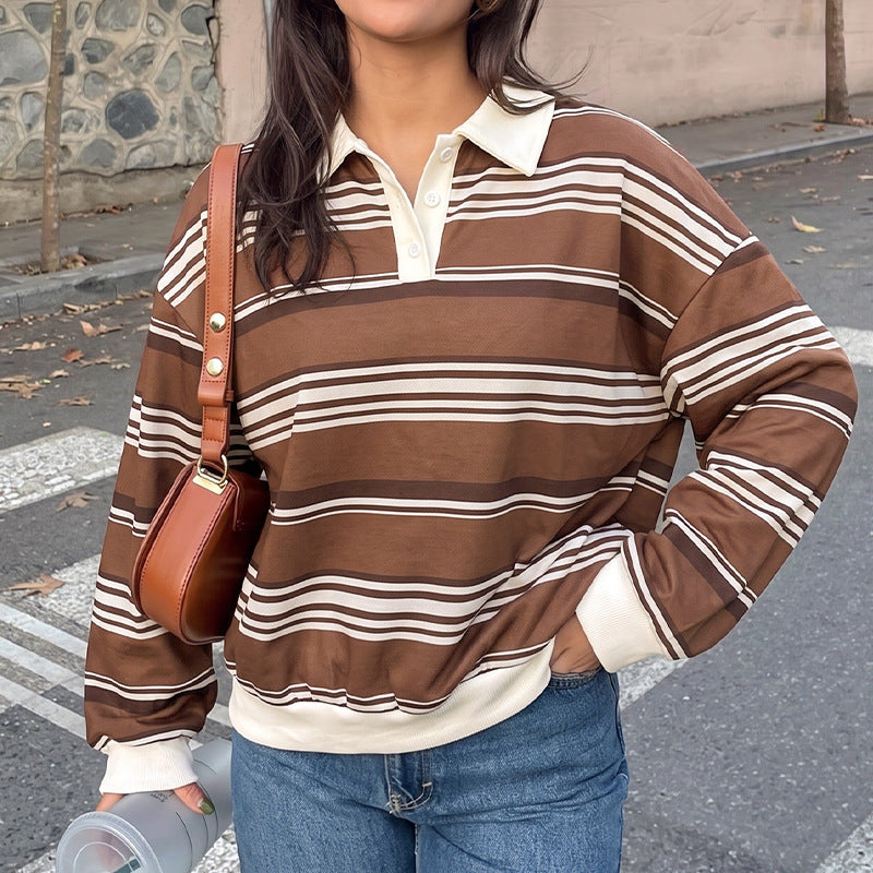 Striped Polo neck loose shirt