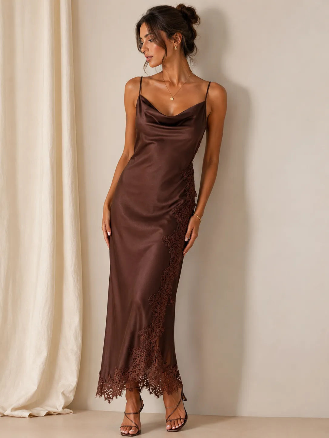 Chocolate Brown Satin Lace Slip Midi Dress