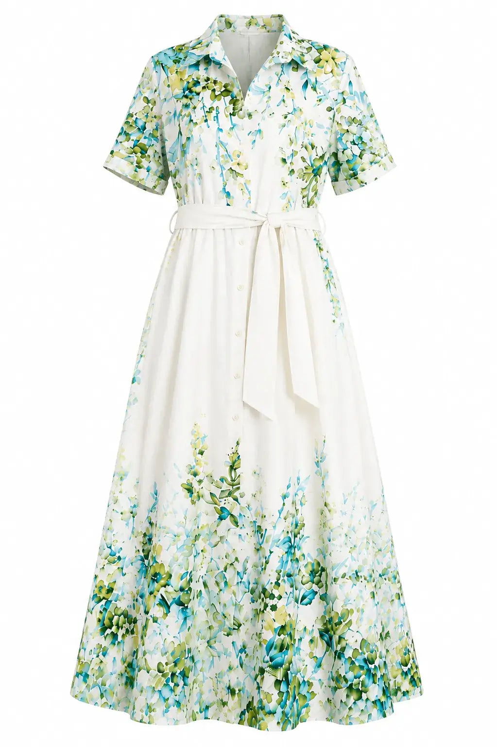 Floral Midi Shirt Dress White & Green