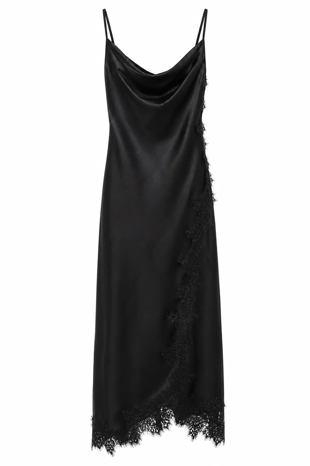 Black Satin Lace Slip Midi Dress