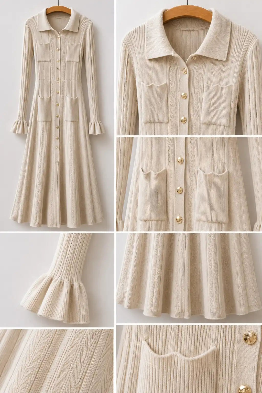 Beige Ribbed Knit Shirt Dress