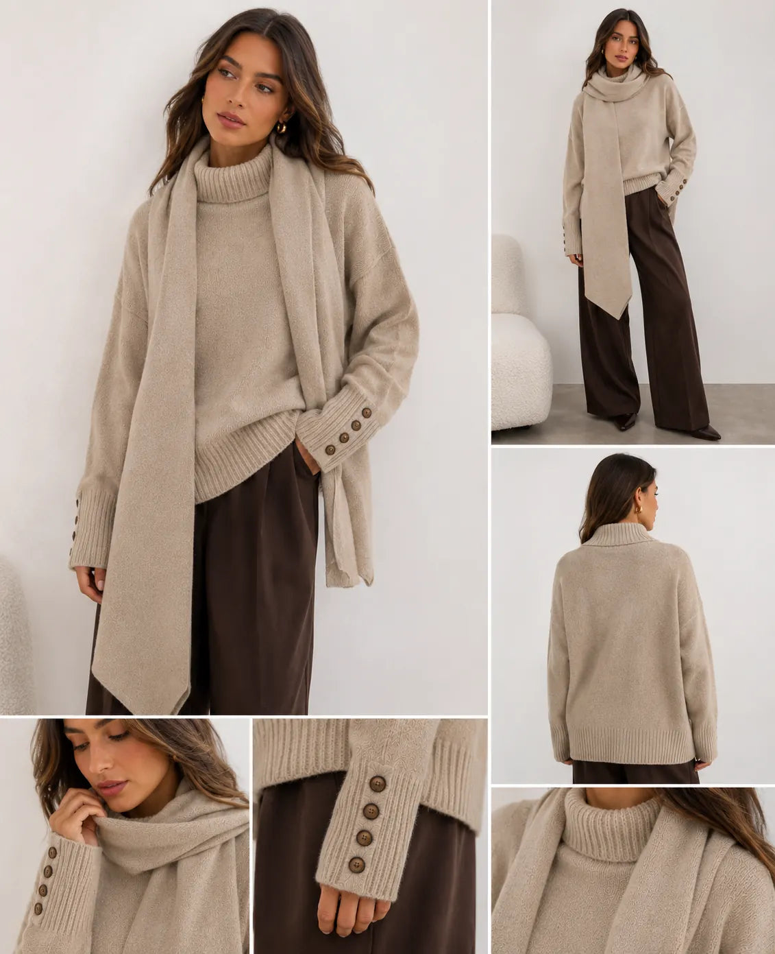 Beige Knit Sweater with Matching Scarf
