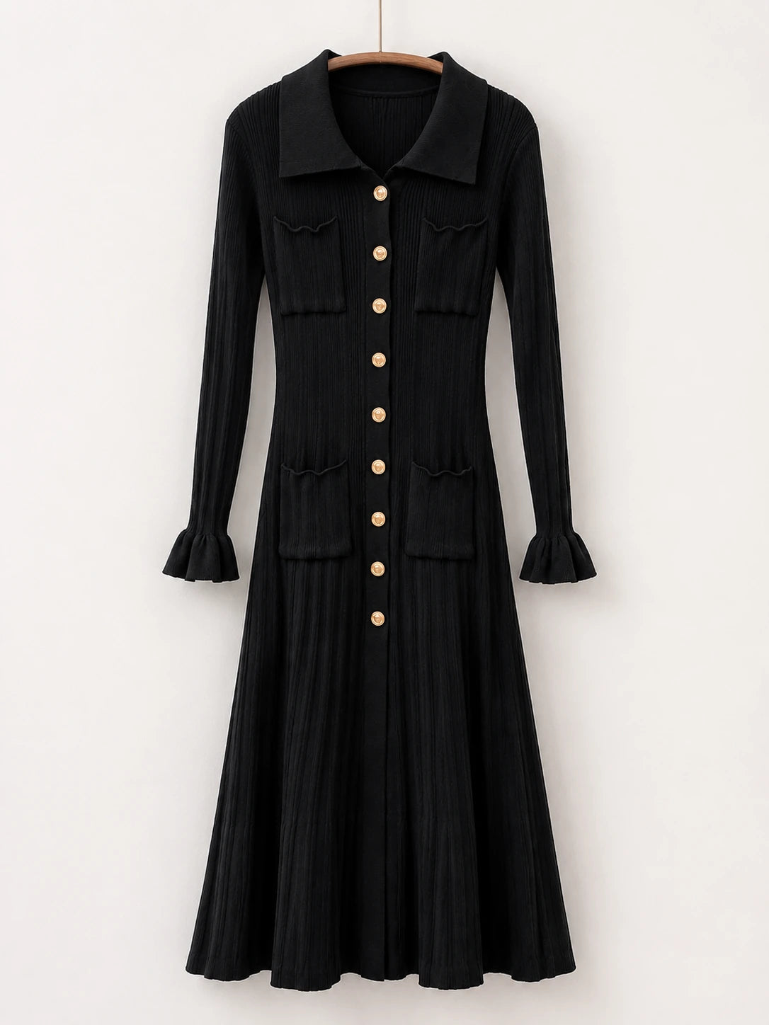 Black Ribbed Knit Shirt Dress