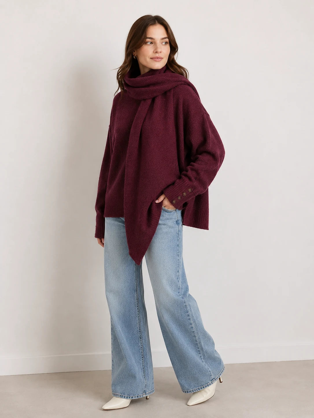 Burgundy Knit Sweater with Matching Scarf