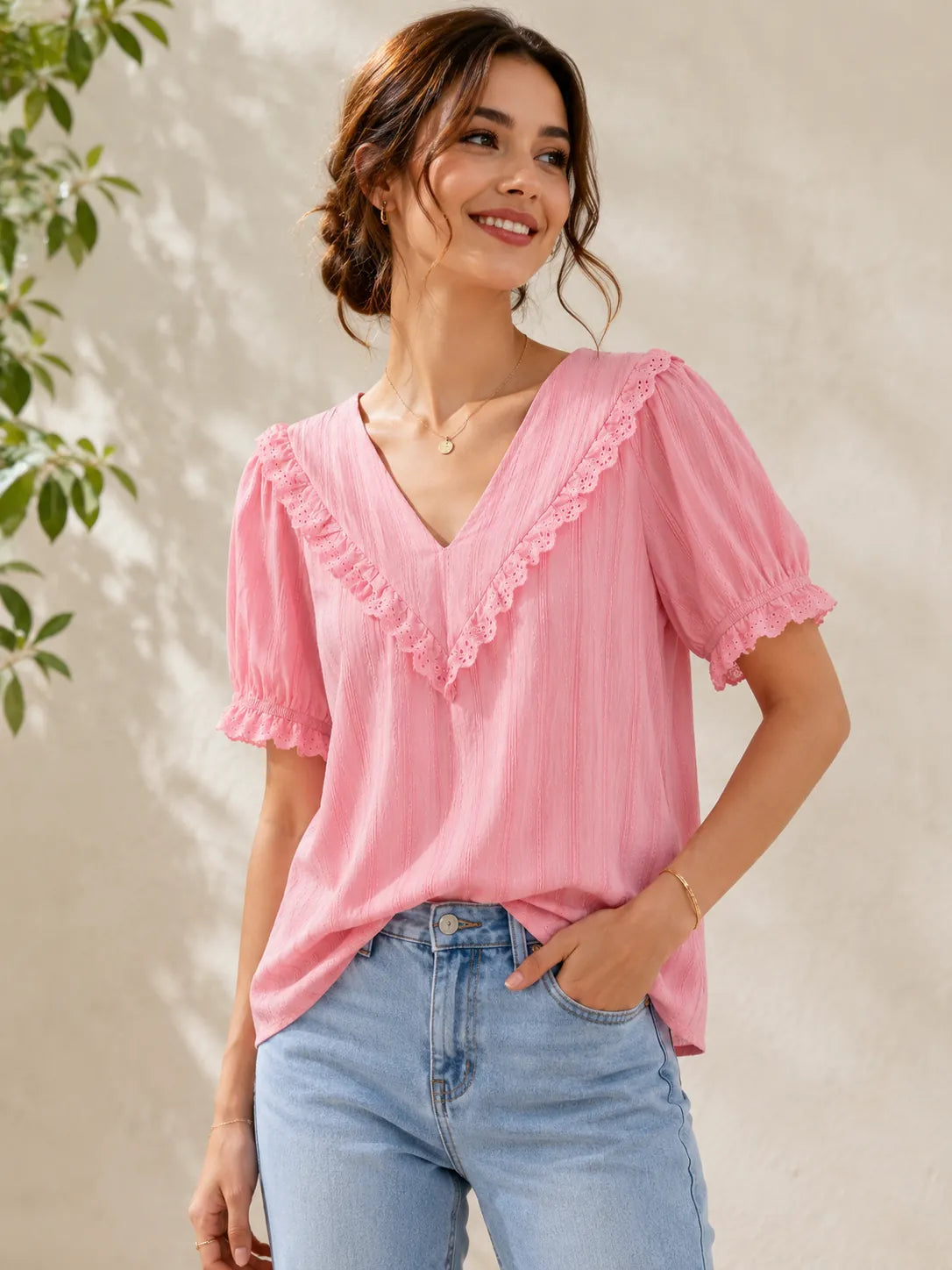 Women's Boho Lace Trim Blouse – Pink