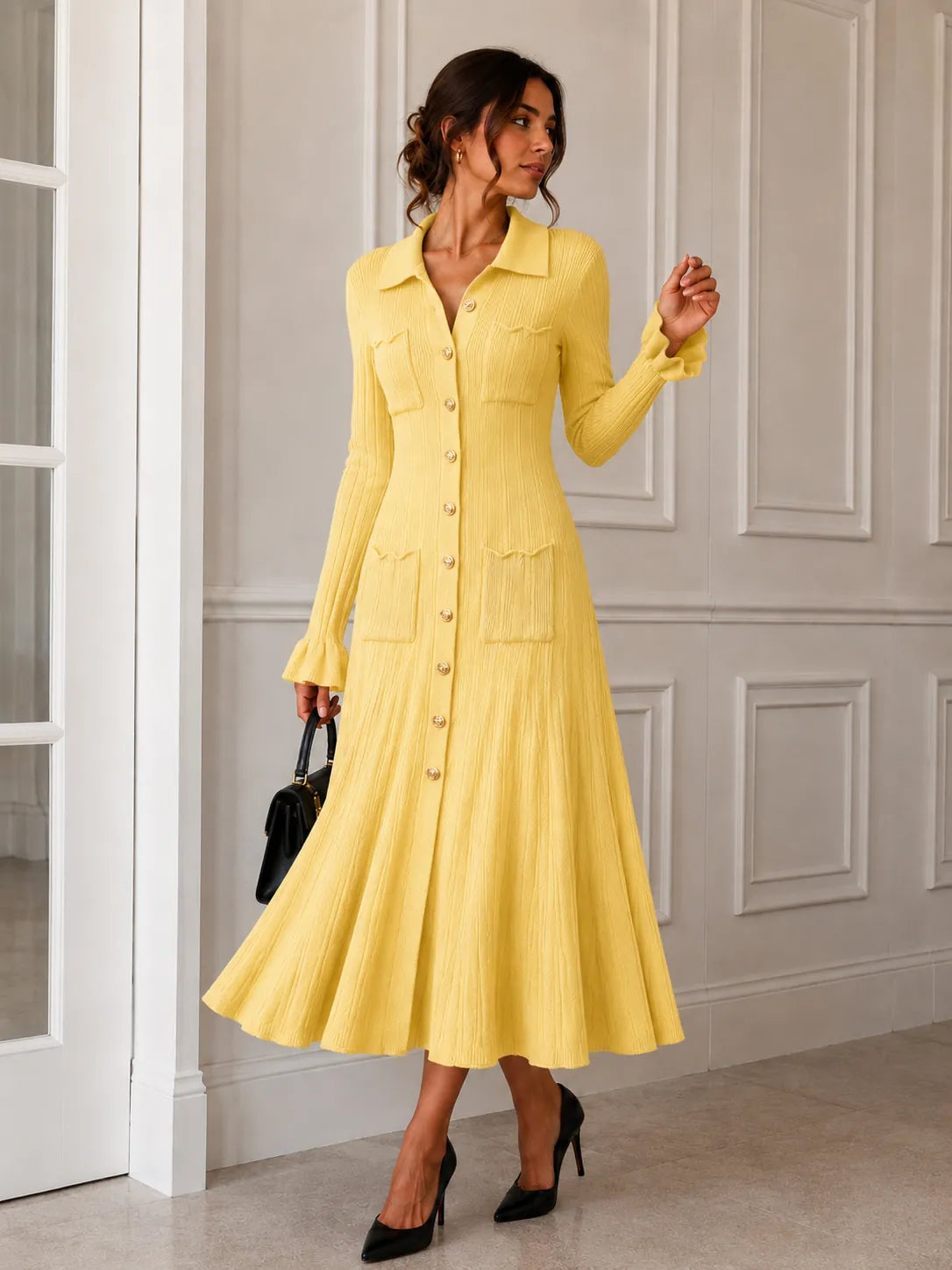 Yellow Ribbed Knit Shirt Dress