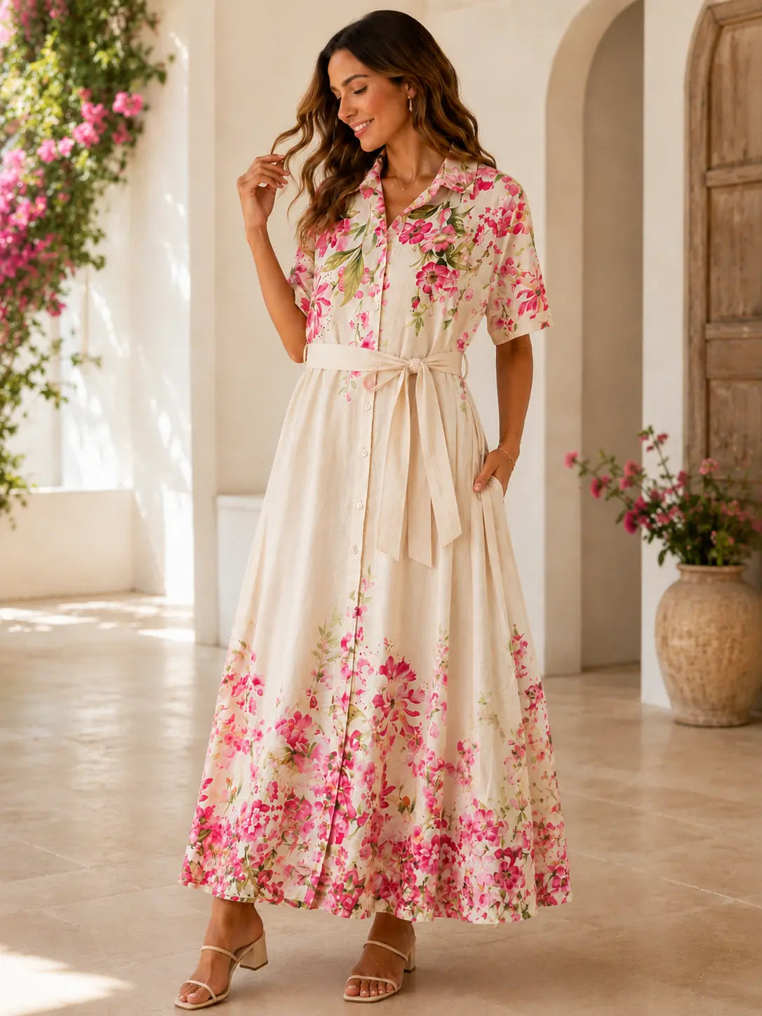 Women's Floral Button-Down Midi Shirt Dress – Ivory & Pink
