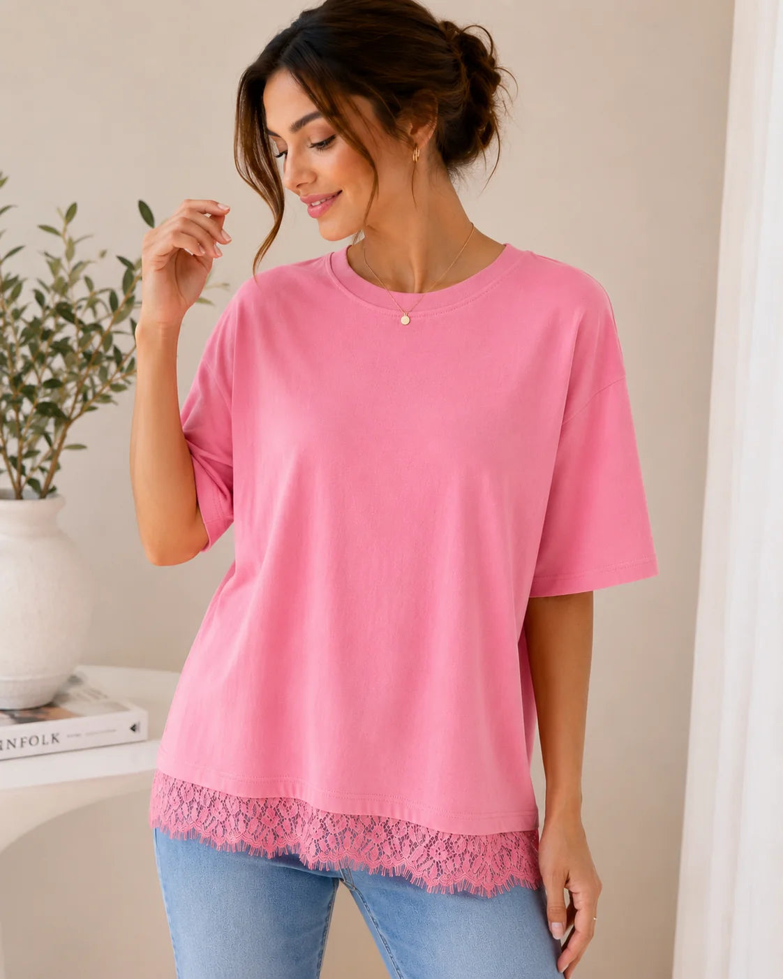 Oversized Lace Hem T-Shirt Pink