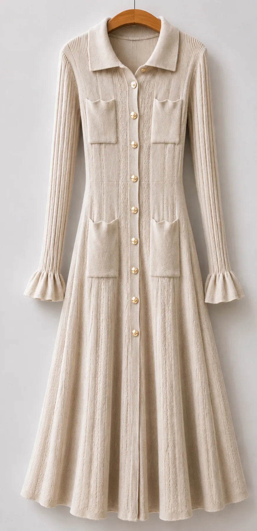 Beige Ribbed Knit Shirt Dress