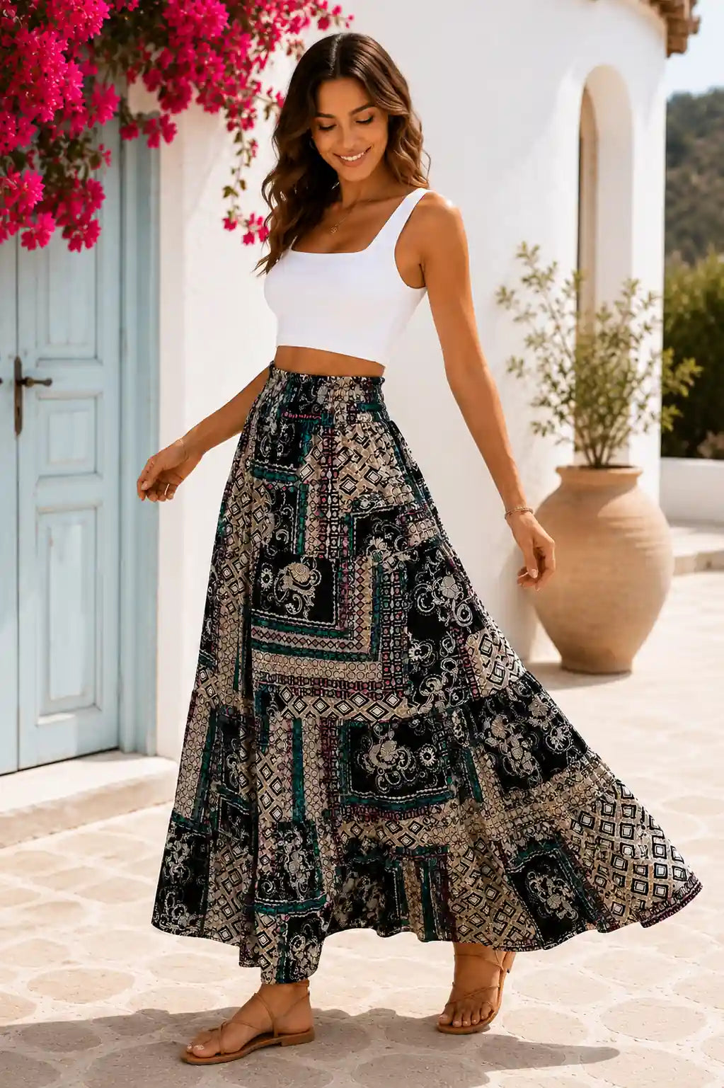 Bohemian Maxirock mit Patchwork-Print – Schwarz