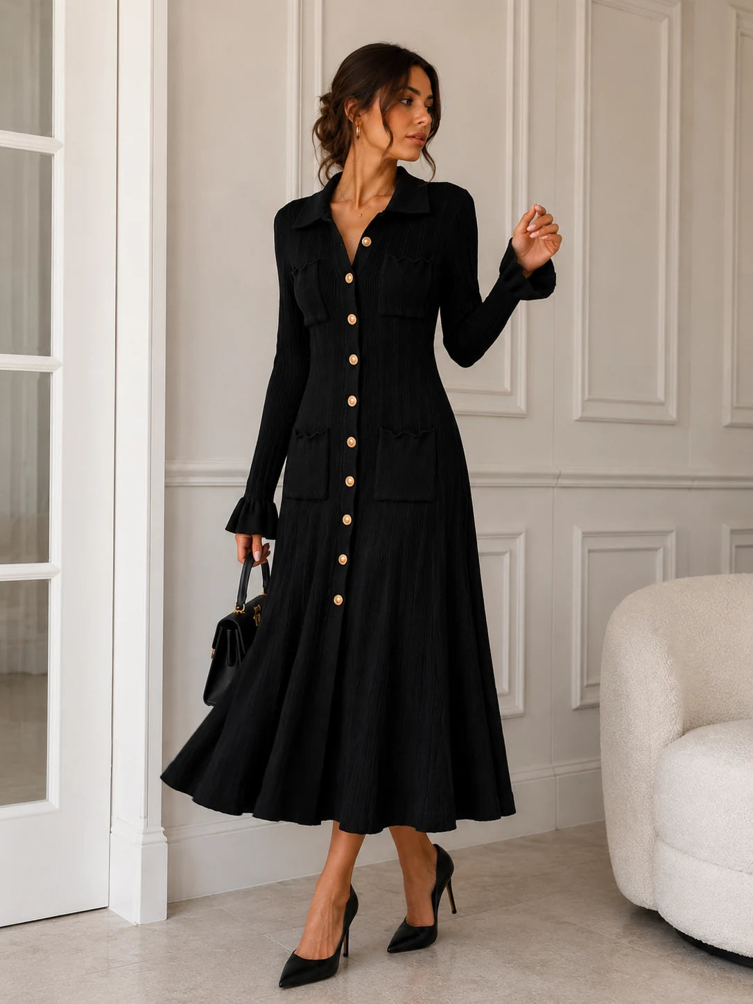Black Ribbed Knit Shirt Dress