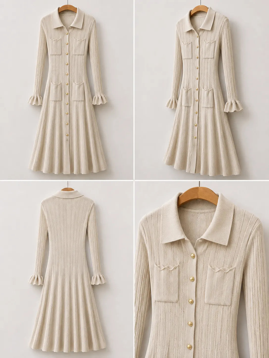 Beige Ribbed Knit Shirt Dress