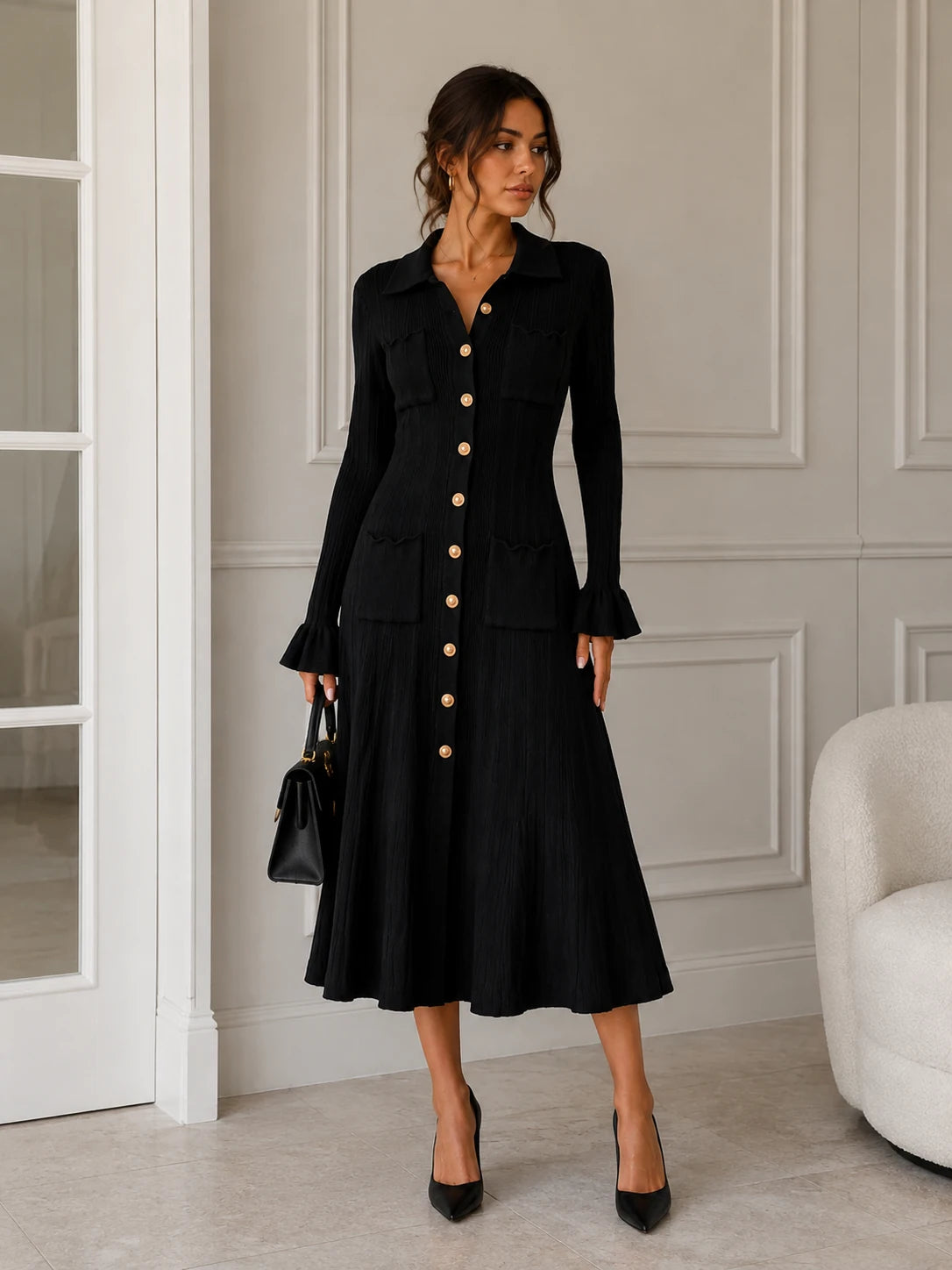 Black Ribbed Knit Shirt Dress