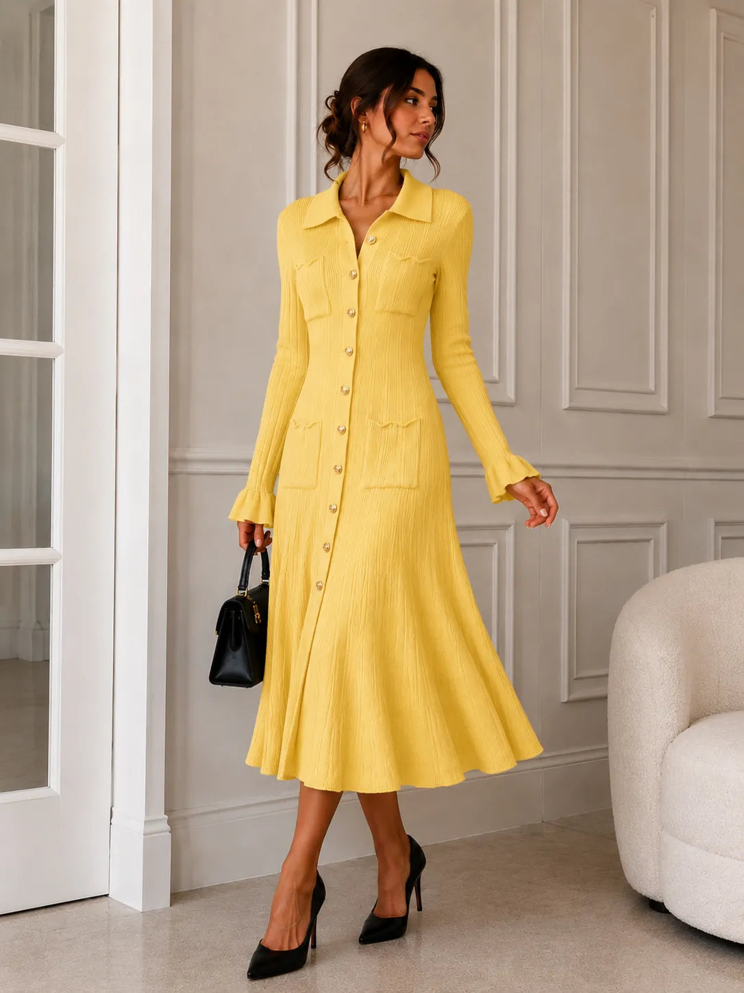 Yellow Ribbed Knit Shirt Dress