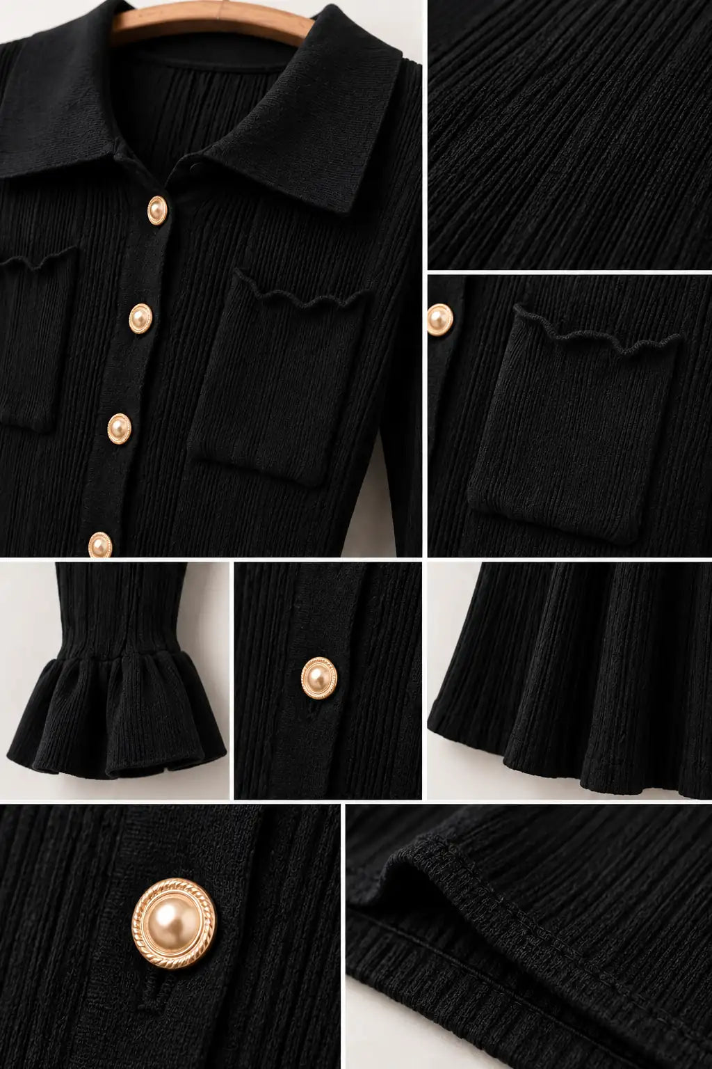 Black Ribbed Knit Shirt Dress