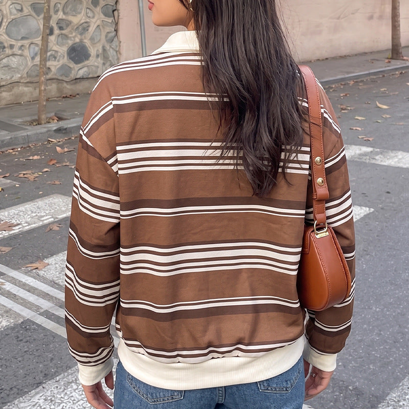 Striped Polo neck loose shirt