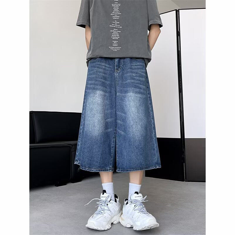 Washed wide leg seven quarter jeans for men