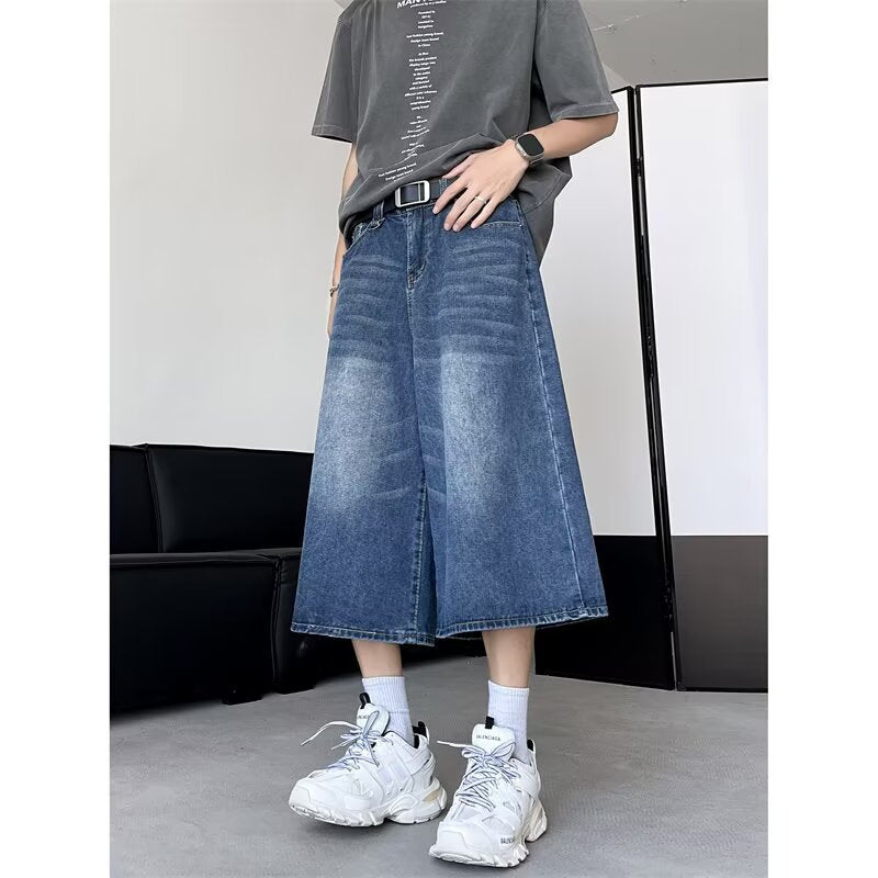 Washed wide leg seven quarter jeans for men