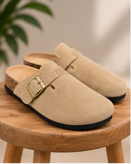 Suede-Look Buckle Clog Mules – Beige