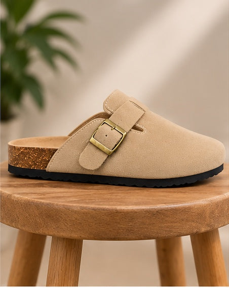 Suede-Look Buckle Clog Mules – Beige